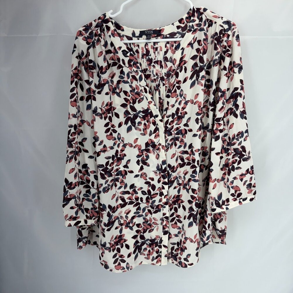 NYDJ Women 1X Floral Top Blouse Lightweight Purple Pink 3/4 Sleeve Flowy Shirt